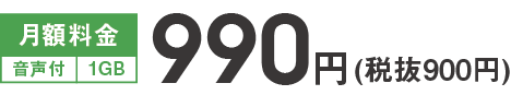 月額料金 音声付 1GB 990円 税抜900円